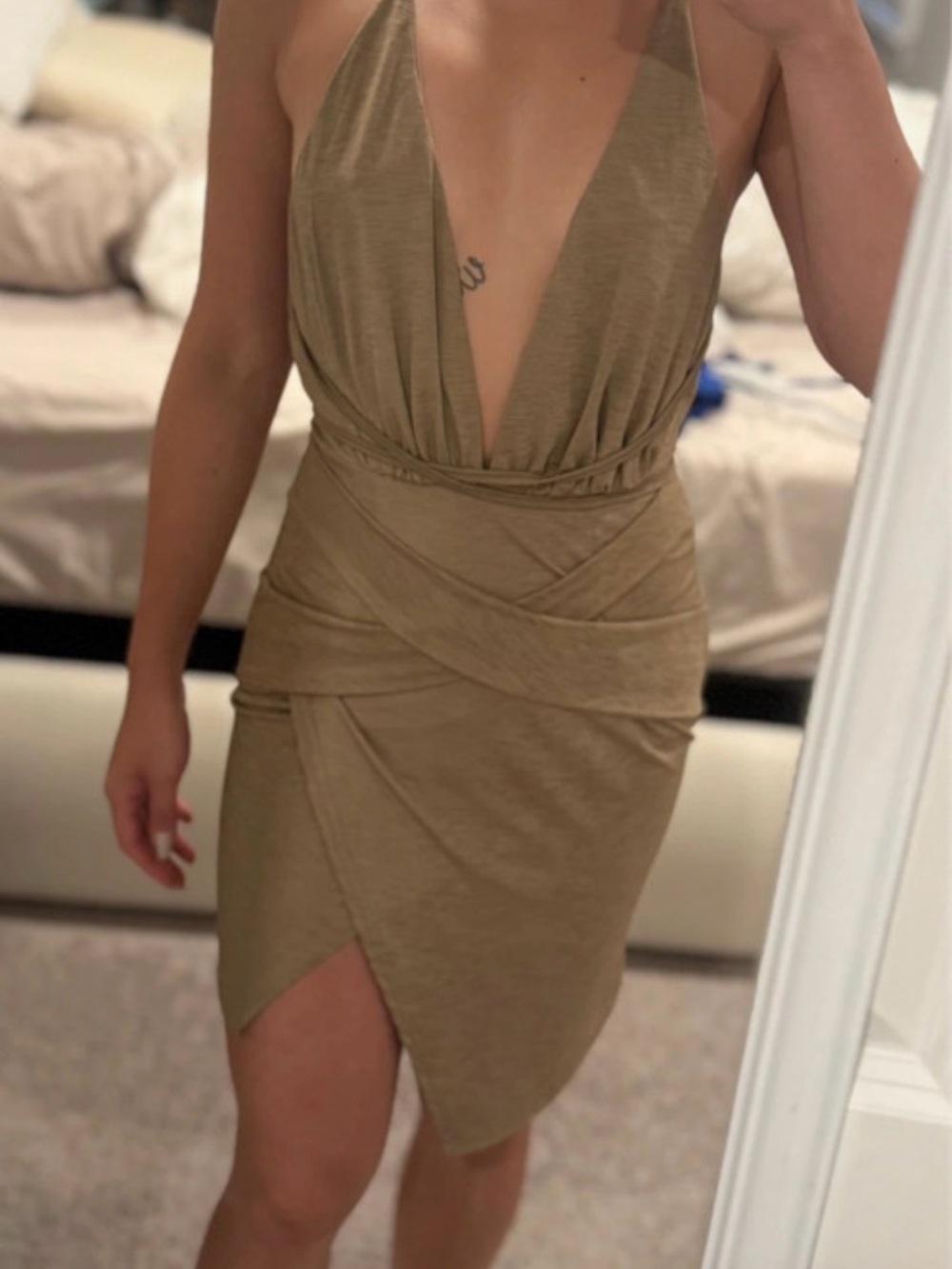 Halter Plunge Wrap Mini Dress in Tan